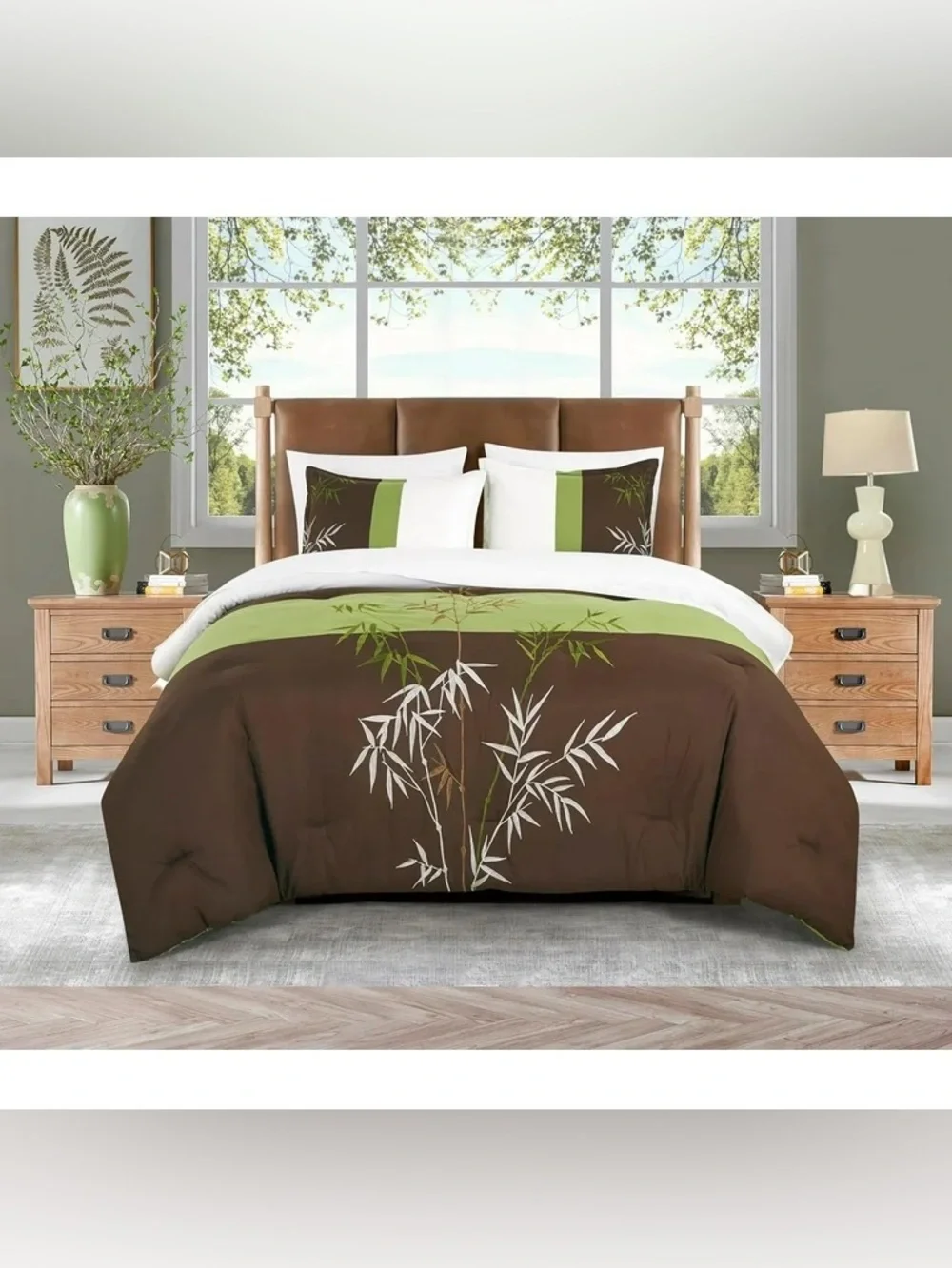 Green and Brown Bamboo 3 piece Comforter Set -Queen